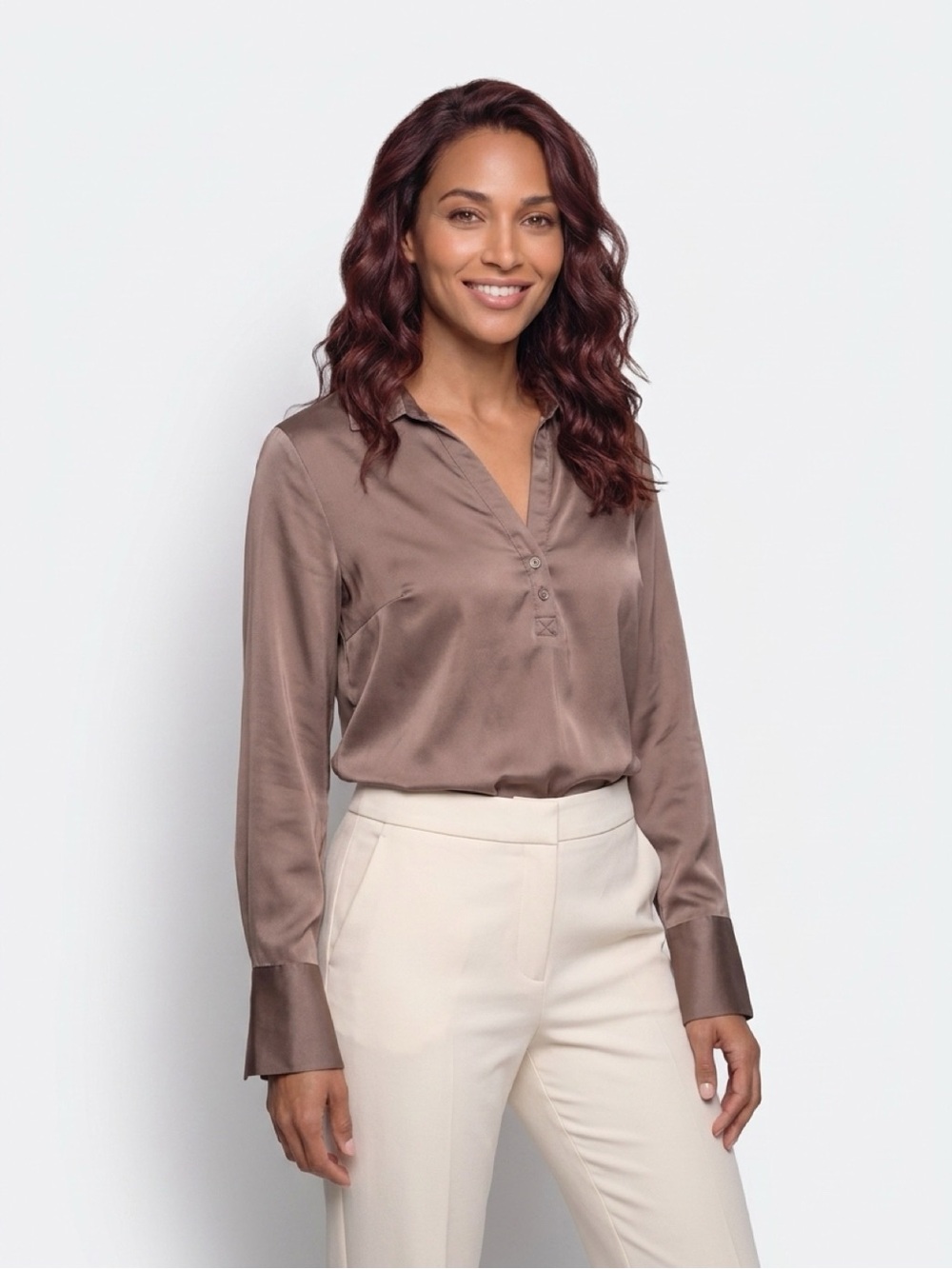 Wild Fable Brown Satin Button Down Blouse Women L Long Sleeve